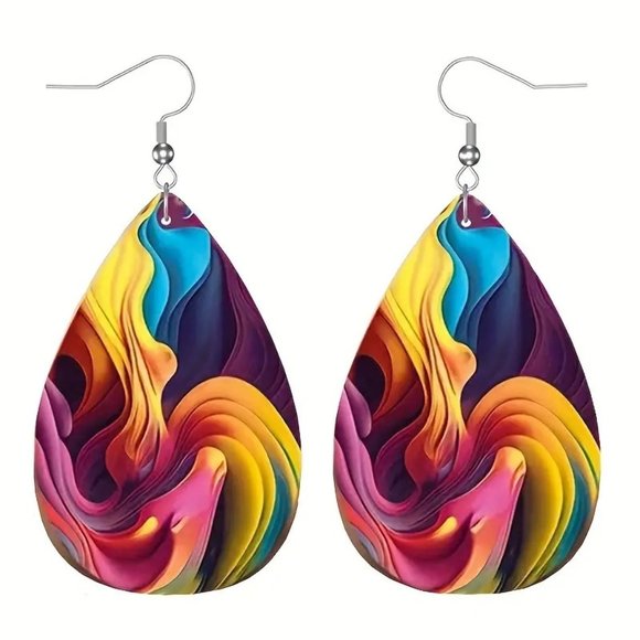 Earrings Rainbow Swirl Tear Drop Dangle Wonderland Trippy Smoke abstract Unique - Picture 3 of 4